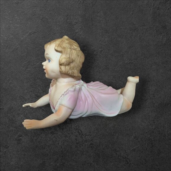 Bisque Porcelain Piano Baby Figurine Crawling Girl in  Pink Dress  Vintage 9" - Picture 3 of 9